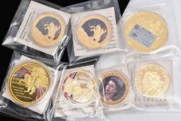 SEVEN GOLD LAYERED MEDALS depicting George/Drgon, Britannia, Royal Family etc