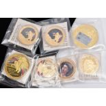 SEVEN GOLD LAYERED MEDALS depicting George/Drgon, Britannia, Royal Family etc