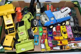 A BOX OF ASSORTED PLAY WORN DIECAST VEHICLES, to include Dinky Toys Boston A105 saloon No 176, in