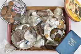 A BOX CONTAINING TINS OF UK AND WORLD COINS with a small amount of silver coins, a 1954 Italy 5 lire