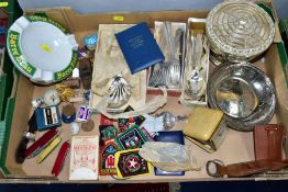 A BOX OF MISCELLANEOUS ITEMS, to include plated items, cutlery, various material continental/