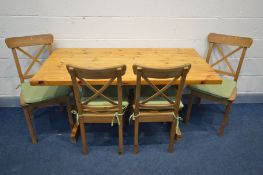 A PINE REFECTORY TABLE , width 152cm x depth 76cm x height 73cm with four pine bar back chairs (5)