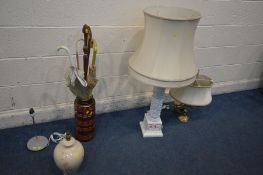 A WHITE GLASED CERAMIC DOULTON PLYNTH STYLE TABLE LAMP, labelled to side 'Doulton staffs', with a