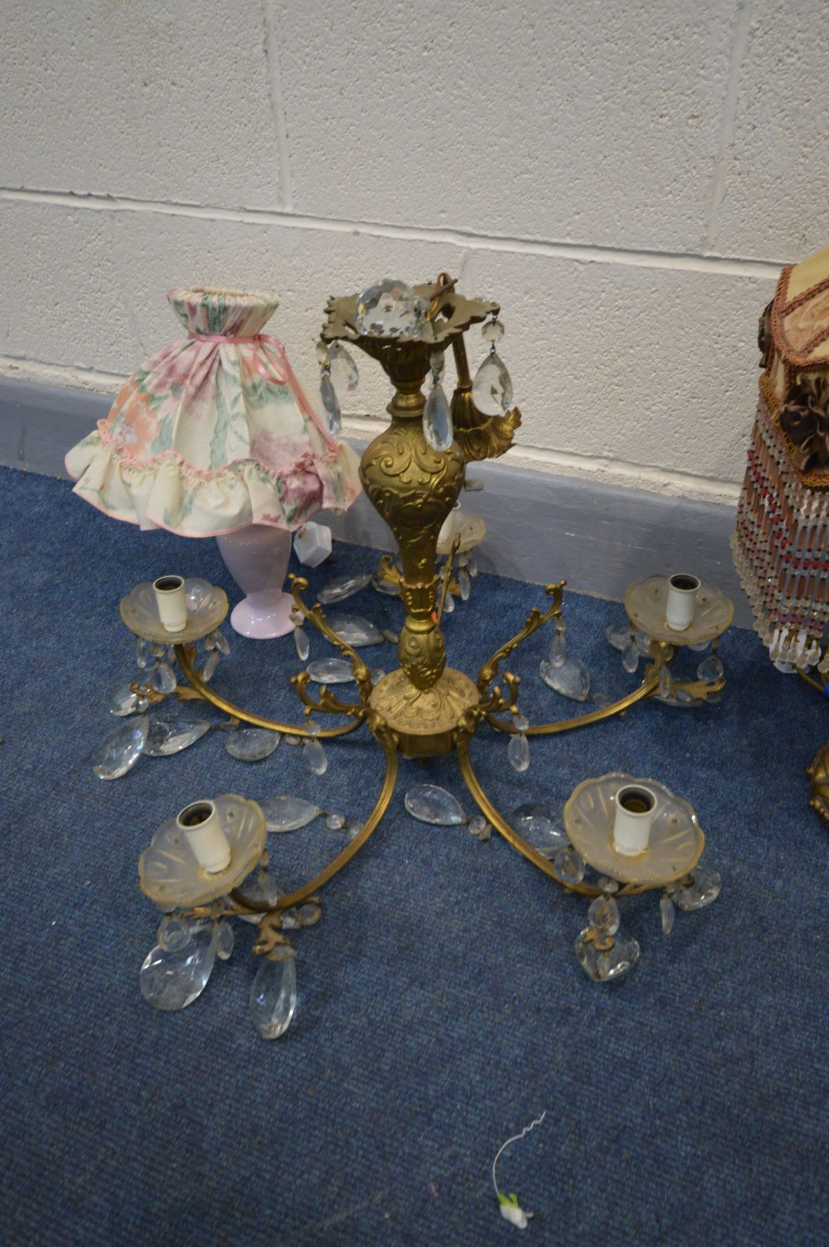 A QUANTITY OF LIGHTING AND MIRRORS, to include a brass centre light with glass droppers, five branch - Image 4 of 5