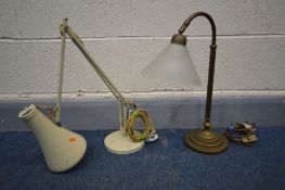 A LAURA ASHLEY BRASS TABLE LAMP, with a frosted glass shade, along with a cream Herbert Terry and