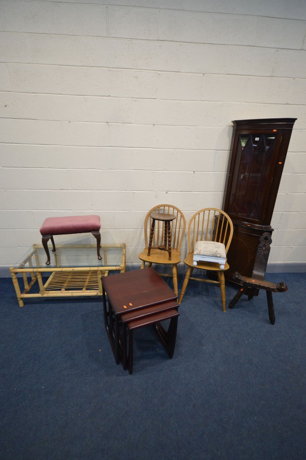 A QUANTITY OF OCCASSIONAL FURNITURE to include an oak spinning chair, small circular bobbin turned