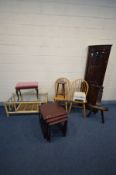 A QUANTITY OF OCCASSIONAL FURNITURE to include an oak spinning chair, small circular bobbin turned