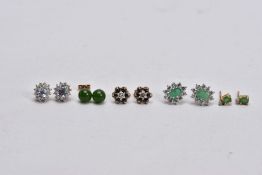 FIVE PAIRS OF GEM SET EARRINGS, to include a pair of emerald and diamond stud earrings, missing