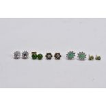 FIVE PAIRS OF GEM SET EARRINGS, to include a pair of emerald and diamond stud earrings, missing