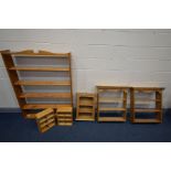 A PAIR OF MODERN PINE HANGING OPEN THREE TIER BOOKCASES, a smaller hanging bookcase, a large open