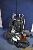 A SELECTION OF GOLFING AND SPORTING EQUIPMENT including two sleeping bags, four golf bags, some