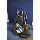 A SELECTION OF GOLFING AND SPORTING EQUIPMENT including two sleeping bags, four golf bags, some