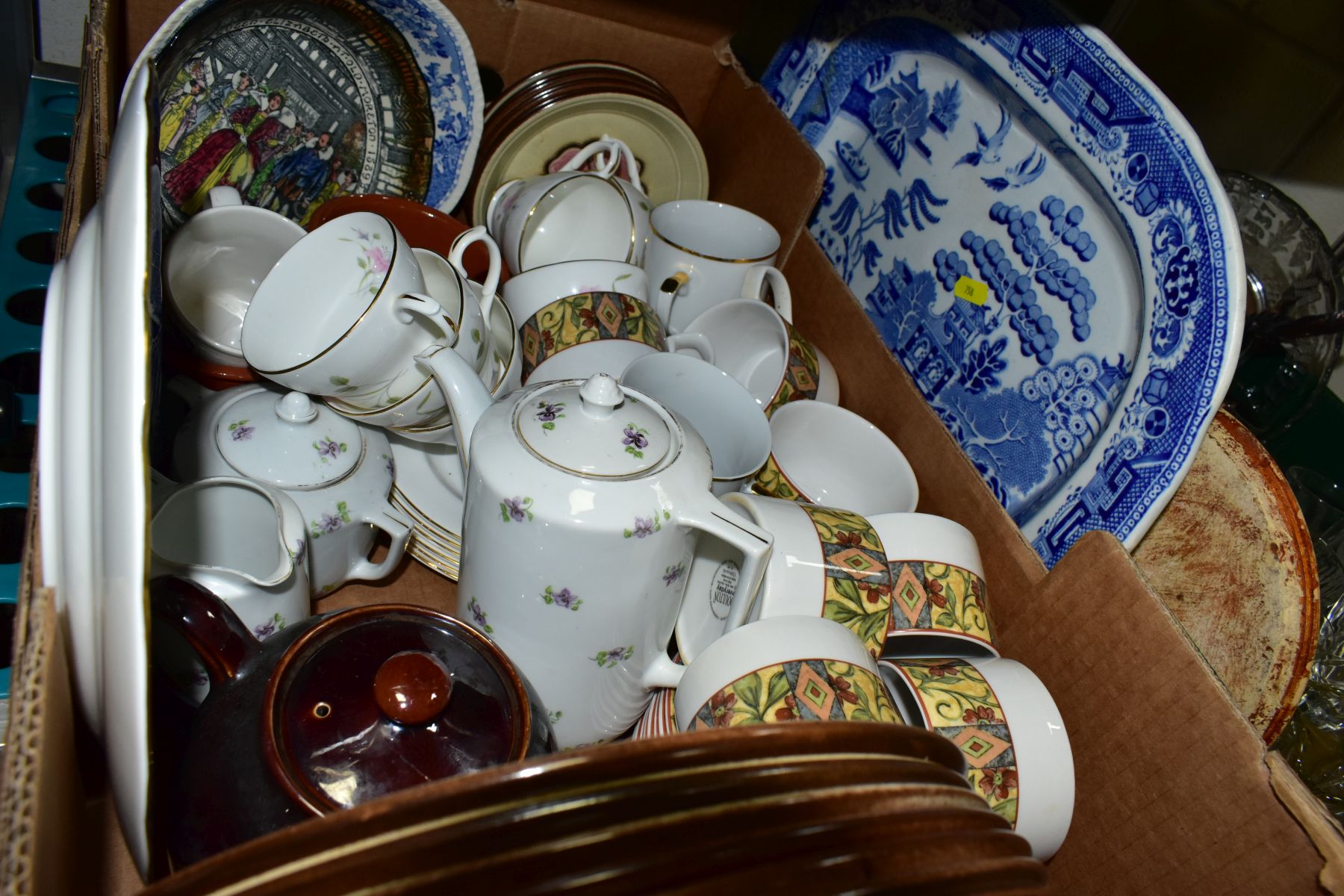 TWO BOXES OF CERAMICS AND GLASS etc to include Doulton Cinnabar coffee cups and saucers, other - Image 5 of 5