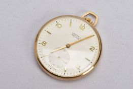 A 9CT GOLD VERTEX REVUE OPEN FACE POCKET WATCH, round cream dial, Arabic and baton markers,