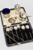 A SELECTION OF SILVER ITEMS, to include a cased set of six coffee spoons, each fitted with a