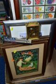 A BOX OF FRAMED PRINTS, CIGARETTE CARDS, etc, including three prints after Beryl Cook, published