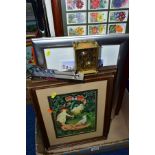 A BOX OF FRAMED PRINTS, CIGARETTE CARDS, etc, including three prints after Beryl Cook, published