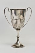 A SILVER TROPHY CUP, double scroll handles, stop reeding design to half of the cup, tapered stem, on