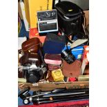 A BOX AND LOOSE BOXED CAMERAS AND EQUIPMENT, to include a Voightlander Vito B 35mm with box and