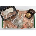 A BOX LID AND SMALL MONEY BOX OF UK 20TH CENTURY COINAGE to include over 300 grams of silver coins