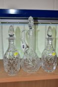 A CUT /ETCHED GLASS DECANTER CLARET JUG WITH STOPPER, height 36cm, together with two mallet shaped