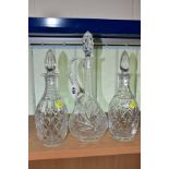 A CUT /ETCHED GLASS DECANTER CLARET JUG WITH STOPPER, height 36cm, together with two mallet shaped