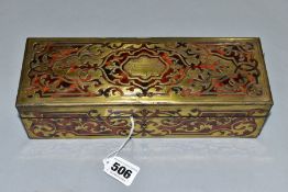 A LATE 19TH CENTURY/EARLY 20TH CENTURY BOULLE WORK RECTANGULAR GLOVE BOX, with brass cartouche and