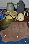 LOOSE SUNDRY ITEMS, comprising cast iron Pontoon Bridge plaque, brass jam pan, enamel bread bin