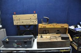 A VINTAGE WOODEN CARPENTERS TOOLBOX, a plastic toolbox and a metal toolbox containing Spear and