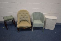 A VICTORIAN STYLE MAHOGANY STOOL, along with a Victorian bedroom chair (repairs) a Lloyd loom basket