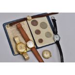 FIVE WRISTWATCHES AND A WALLET OF 'BRITAINS FIRST DECIMAL COINS', watches to include a gents gold