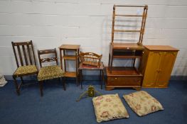 A QUANTITY OF OCCASIONAL FURNITURE, to include a oak torchere stand, yewwood tv stand, two period