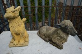 A TWO COMPOSITE GARDEN FIGURES, to include a lamb and a mythical winged creature (2)