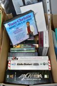 A SMALL BOX OF CD'S, DVD'S, AUTOGRAPHS, ETC, to include a signed Tony Christie CD, a signature of