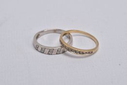 TWO 9CT GOLD DIAMOND RINGS, the first of a half eternity design, set with a row of graduated channel