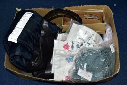 TWO BOXES OF CLOTHING, ETC, to include fifteen pairs of size 16 black Very jeans, sealed in bags,