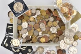 A PLASTIC TUB OF WORLD COINS to include some silver, a packet of coins of Italy with repro's etc