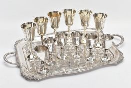 TWO SETS OF SIX GOBLETS AND A HEAVY TRAY, to include six EPNS foliate engraved goblets, six small