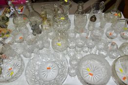 A QUANTITY OF CUT GLASS, ETC, to include a pair of Victorian globe and shaft decanters (small