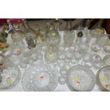 A QUANTITY OF CUT GLASS, ETC, to include a pair of Victorian globe and shaft decanters (small