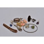 A BAG OF ASSORTED SILVER AND WHITE METAL ITEMS, to include an engine turned trinket box in the