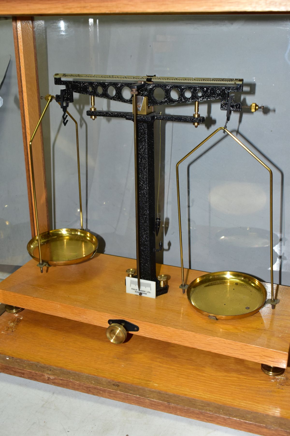 A CASED SET OF PHILIP HARRIS LTD OF BIRMINGHAM SCIENTIFIC BALANCE SCALES, height 43cm x width 46cm x - Image 7 of 9