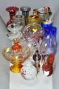 A GROUP OF VARIOUS GLASS ORNAMENTS/VASES ETC, to include a Mdina glass garniture, comprising a