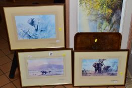 FOUR FRAMED PRINTS comprising three David Shepherd prints with pencil signatures to the mounts and