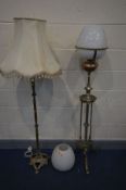 A TELESCOPIC OIL LAMP, white glass shade, brass reservoir, min height 133cm x max height 198cm, with