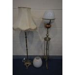 A TELESCOPIC OIL LAMP, white glass shade, brass reservoir, min height 133cm x max height 198cm, with