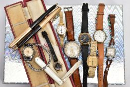 A BOX OF ASSORTED WRISTWATCHES, PENS AND A SILVER FRUIT KNIFE, to include eight wristwatches, such