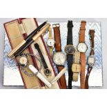 A BOX OF ASSORTED WRISTWATCHES, PENS AND A SILVER FRUIT KNIFE, to include eight wristwatches, such