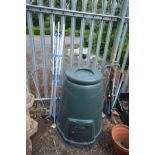 A PLASTIC COMPOST BIN and a folding parasol clothes line (2)