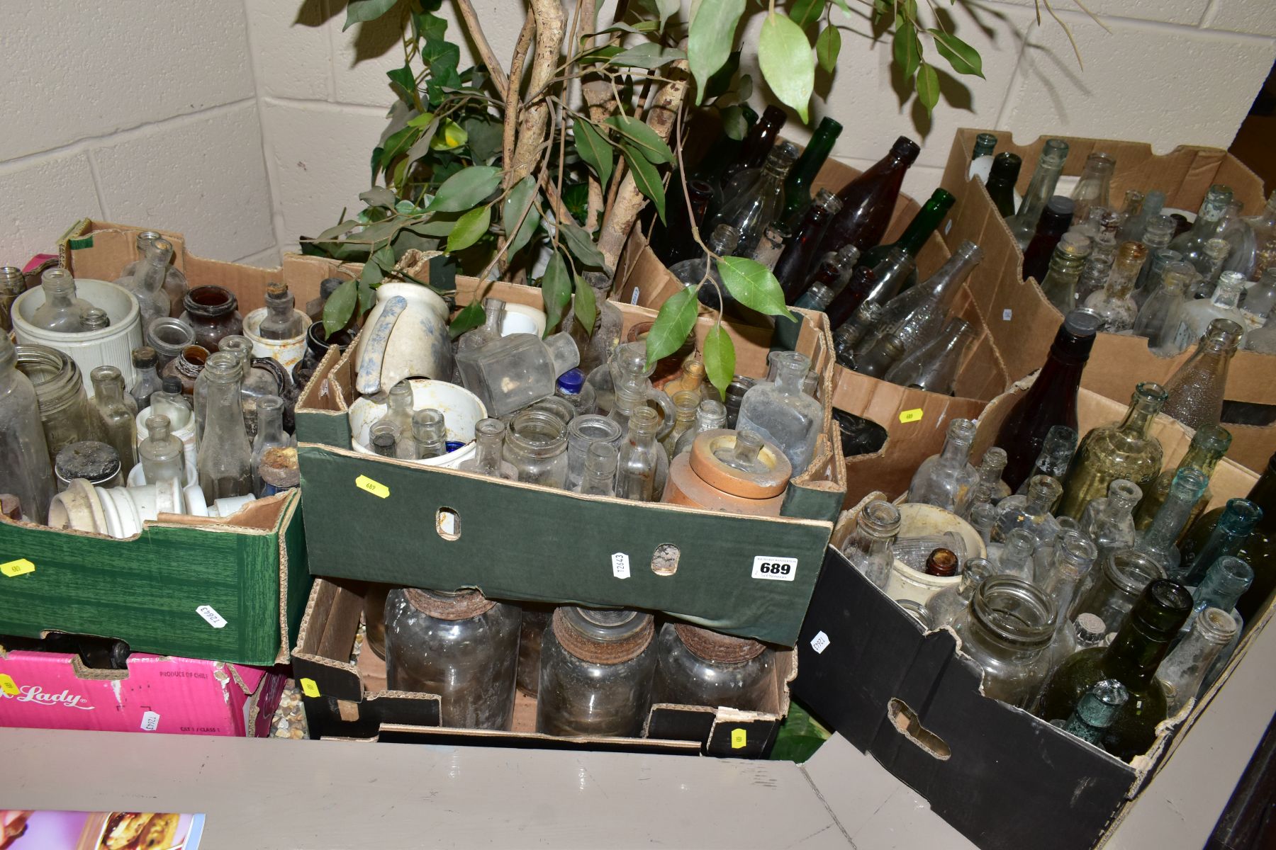 SEVEN BOXES OF GLASS BOTTLES, to include medicine and beverage etc, examples include Burrows &